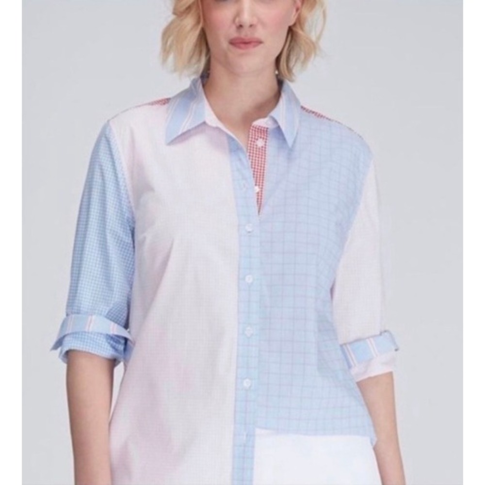 Lane Bryant Patchwork Color Block Blue Red Gingham Size 24 Y2k Country Girl Top